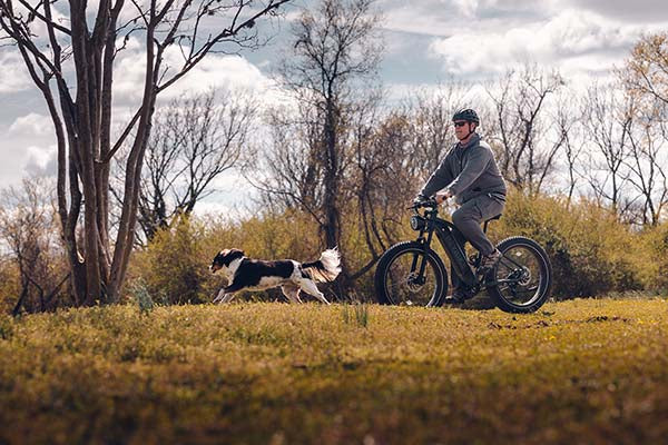 a man is riding heybike electric bike with his doy