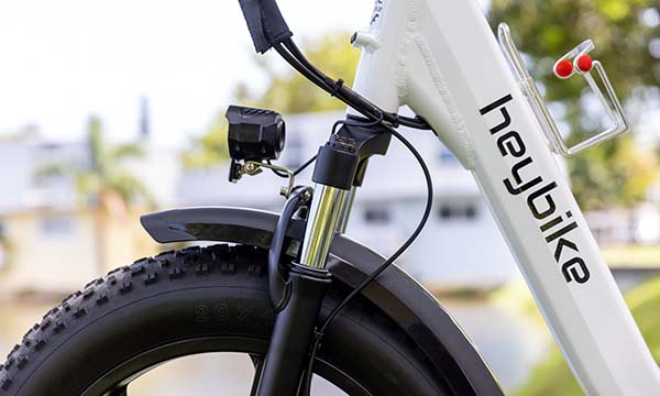 close-up view of front suspension on the Heybike Ranger ebike